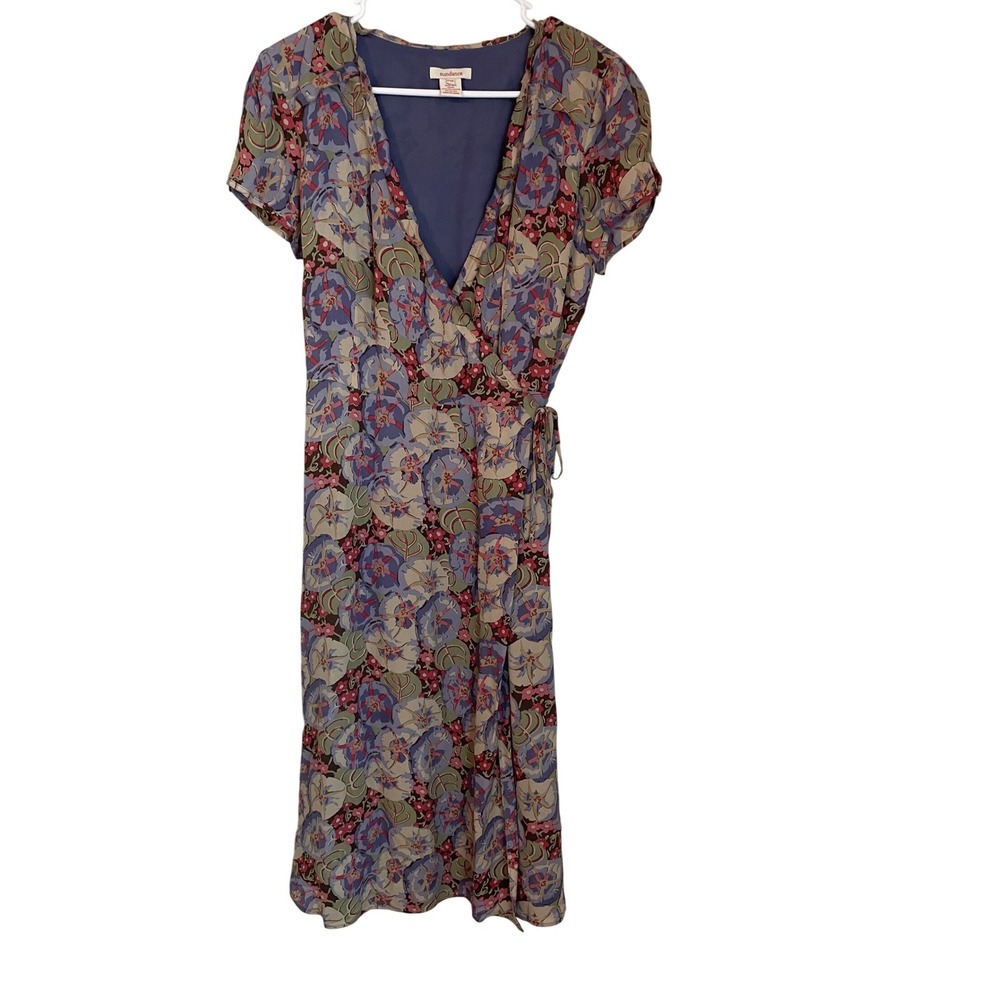 Sundance Womens Size 12‎ Floral 100% Silk Midi Wrap Dress Short Sleeve Lined